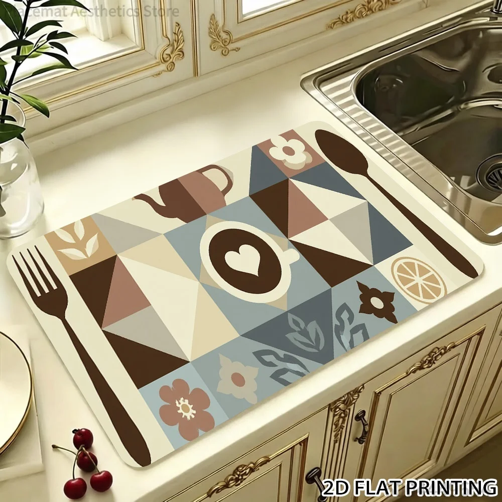 Coffee Line Art Tropical Palm Sunset Print Super Absorbent Drying Mat Waterproof Kitchen Counter Drain Pad Decor Placemat