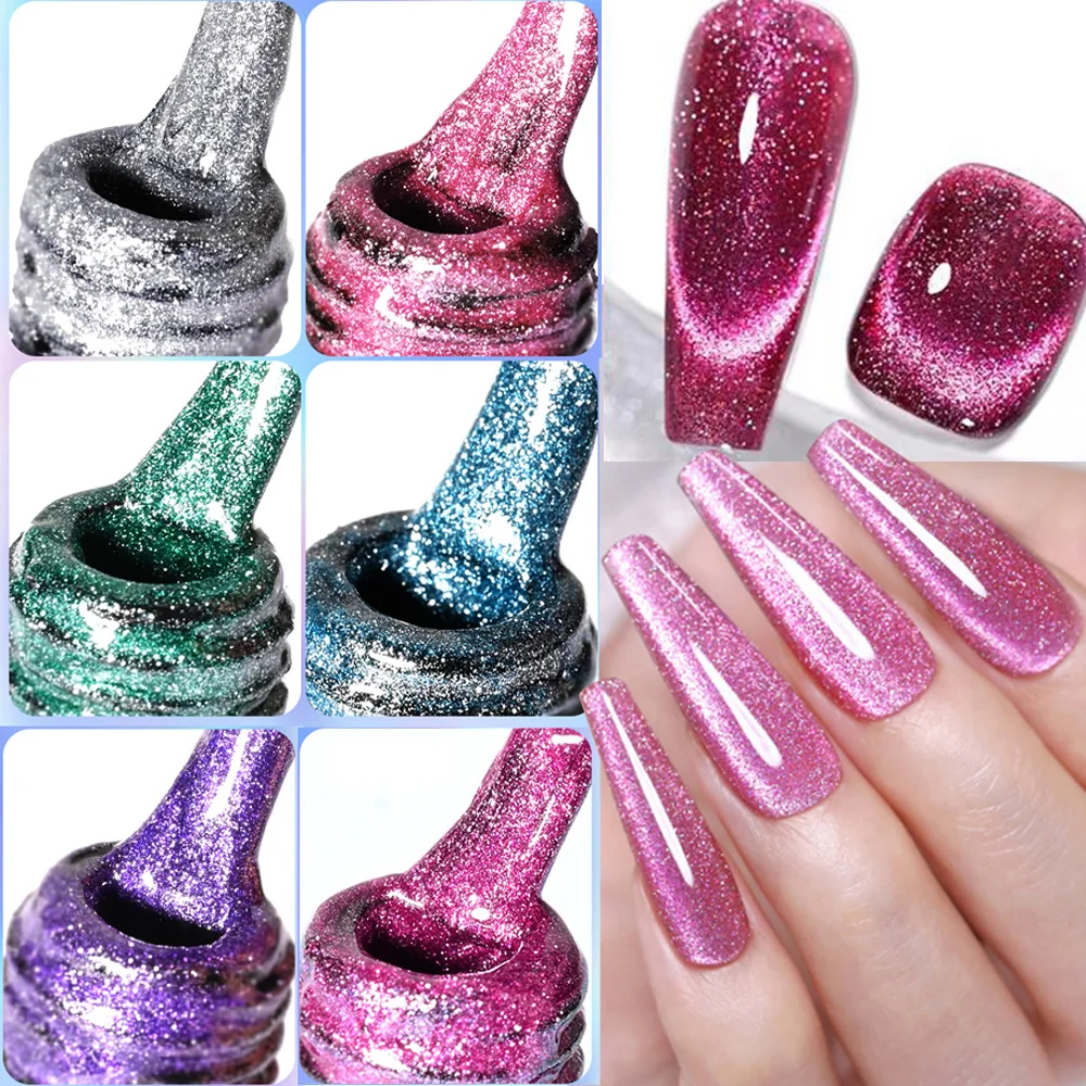 Polonês de gel reflexivo gato, Mergulhe magnético fora, Gel Sparkle for Salon, Decoração de unhas para casa, Manicure Glitter Cat Eyes Design