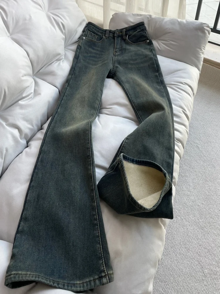 

Thiened Fce Джинсы Bell Bot с высокой талией Женские осенне-зимние новые джинсы в американском стиле ретро Slim Fit длиной до пола Hors...