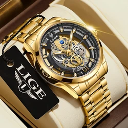 LIGE 2023 New Men Watch Skeleton Automatic Quartz Watch Gold Skeleton Retro Man Watch Top Brand Luxury Mens Watches Reloj Hombre