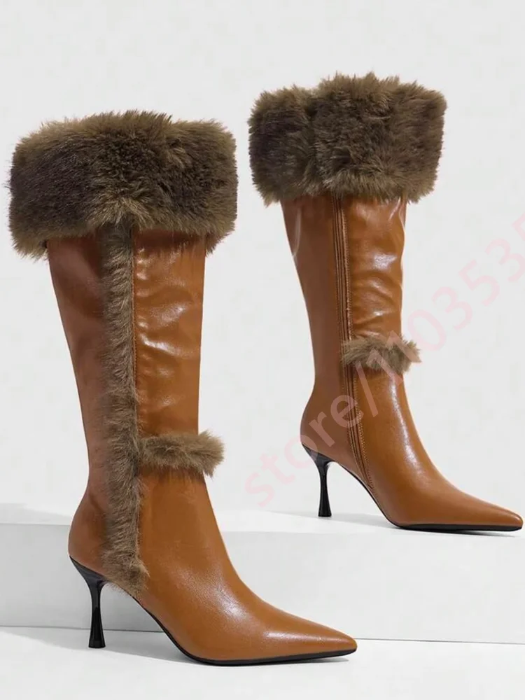 Women Elegant Pointed Toe Knee High Boots Brown Furry Cuff Trim Black Pu Stiletto Heel Side Zipper Winter Party Dress Tall Boots