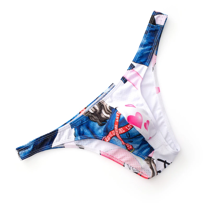 Nowe męskie majtki z nadrukiem Bikini bielizna gejowska mężczyźni Sissy bielizna Mesh oddychająca Ropa Interior Hombre męskie Mini majtki Cueca