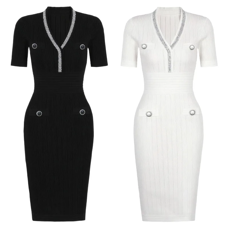 فستان صيفي محبوك بأكمام قصيرة ورقبة على شكل حرف V من CHUJIE 2025، فستان ضيق مطرز بقصة ضيقة، زي متعدد الاستخدامات عالي الجودة