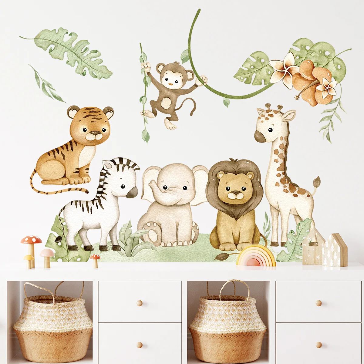 Children\'s Room Wall Stickers Cartoon African Grassland Animals Wall Decals Kids Baby Room Living Room Home Wall Decoration