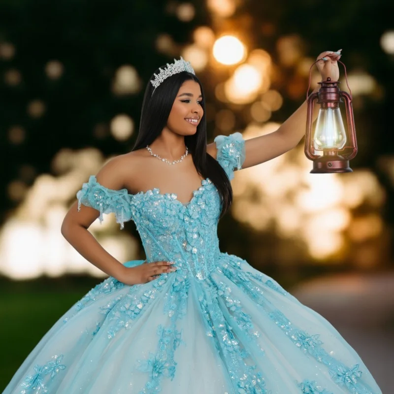 

Light Blue Quinceanera Dresses Off the Shoulder Glitter Decal Lace Long tail Bow Vestido e 15 Quinceanera Customize