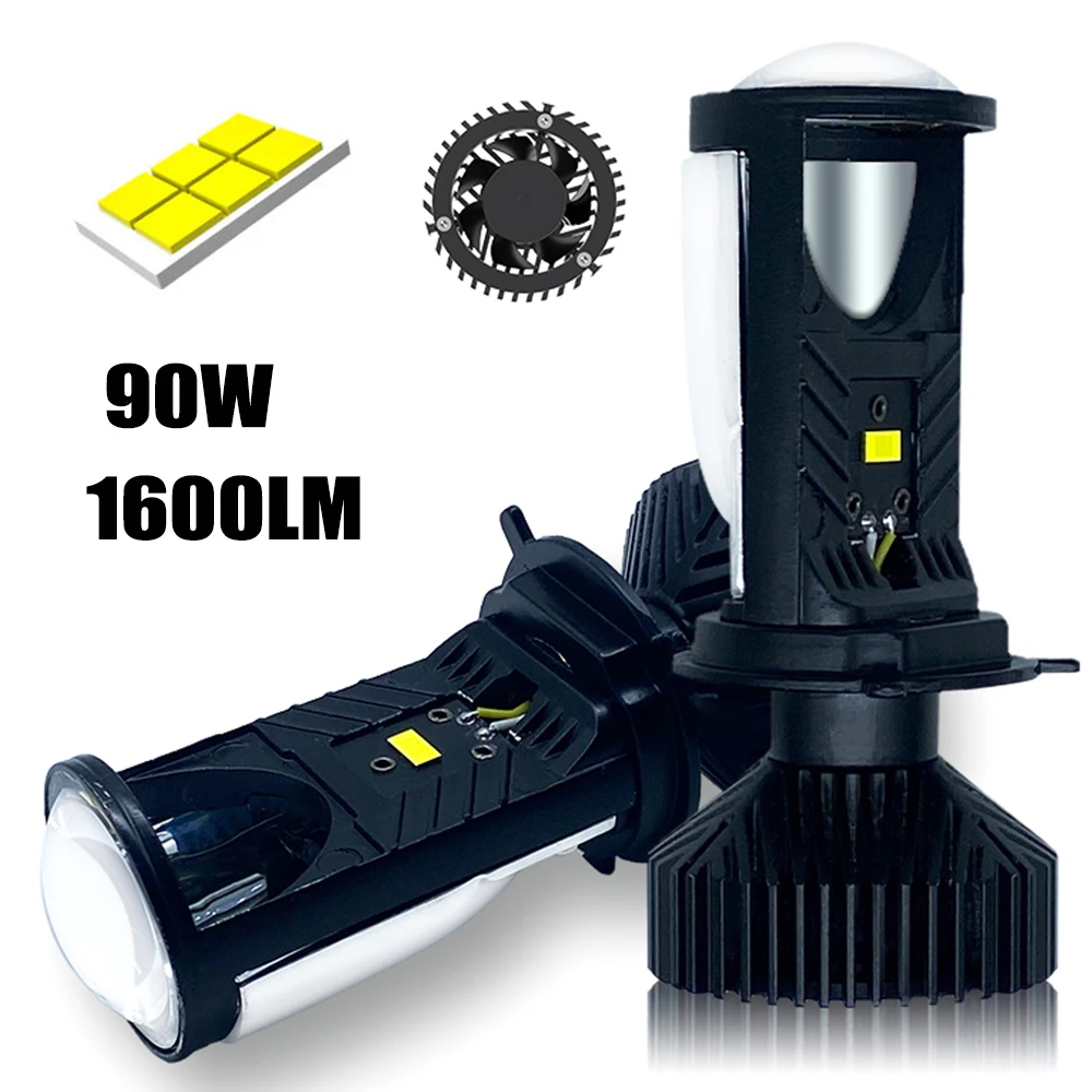 

1Set 1600LM 90W H4 Mini Projector Lens Headlight High Low Beam Car led Headlights 6000K White Fog Light Motorcycle Headlamp Bulb