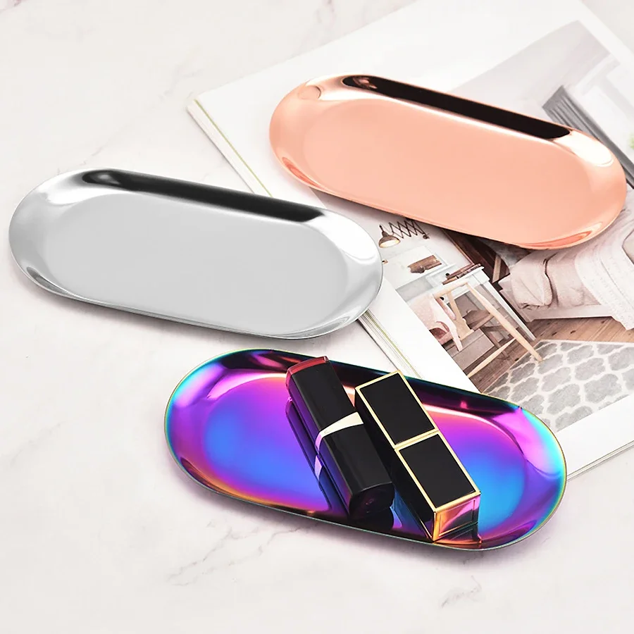 Овальный поднос из нержавеющей стали для маникюра, ювелирных изделий, металлический косметический органайзер для дизайна ногтей, торта, фруктового десерта, сервировки