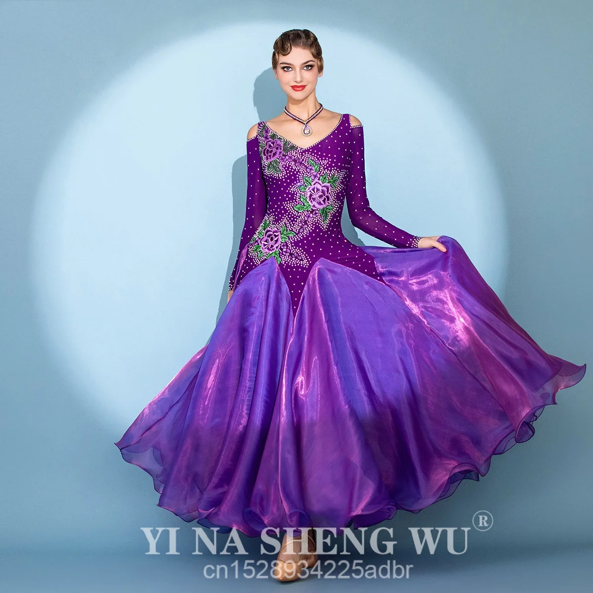 

Костюм для соревнований по современным танцам, высококачественные фиолетовые стразы, элегантные платья для выступлений, женское платье для вальса и бальных танцев