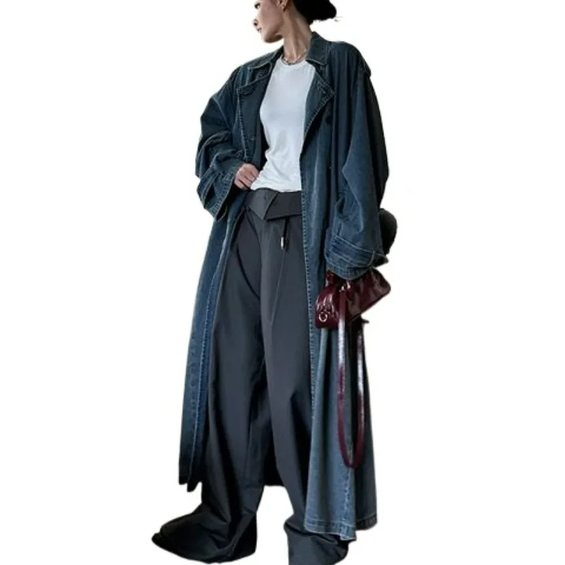 French Retro Washed Denim Trench Coat for Women A New Autumn Collection of Loose Retro and Casual Long High-end Overcoat Fashion