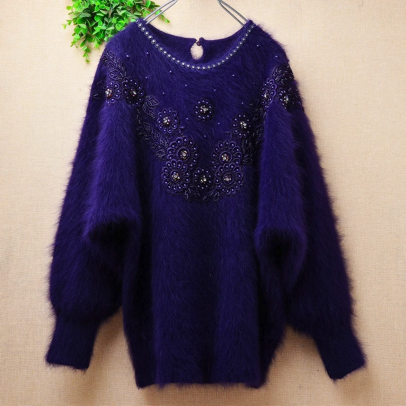 

Ladies Women Fall Winter Hairy Vintage Angora Rabbit Hair Knitted Beading Long Batwing Sleeves Loose Pullover Sweater Jumper Top