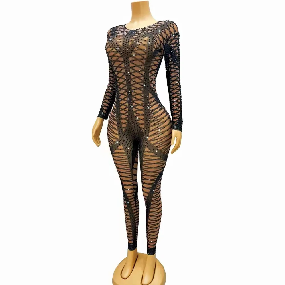 

Black Stripes Printed Rhinestones Skinny Mesh Jumpsuit Women Nightclub Pole Dance Acrobatic Performance Leotard Stage Costume