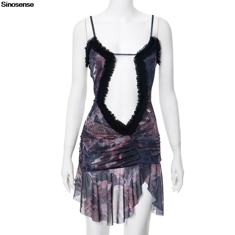Women Print Bodycon Mini Club Party Dresses Sexy Cut Out Ruffle Slim Ruched Cami Dress Y2K Street Going Out Date Night Dress