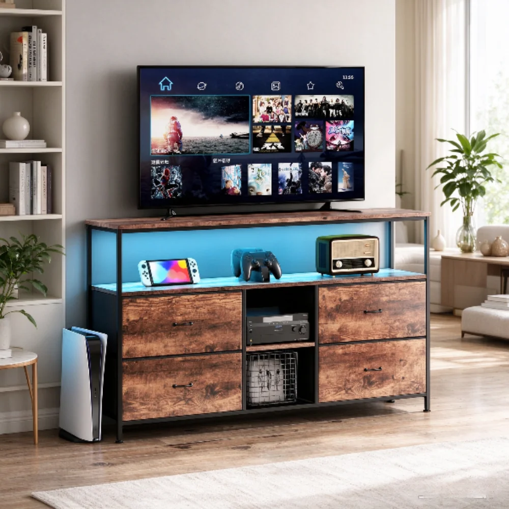 Mesa para televisor Simurq, mueble para televisor con 4 cajones, 3 compartimentos abiertos, aparador, mueble bajo para televisor con estante, ideal para el salón o el dormitorio, diseño con rayas de