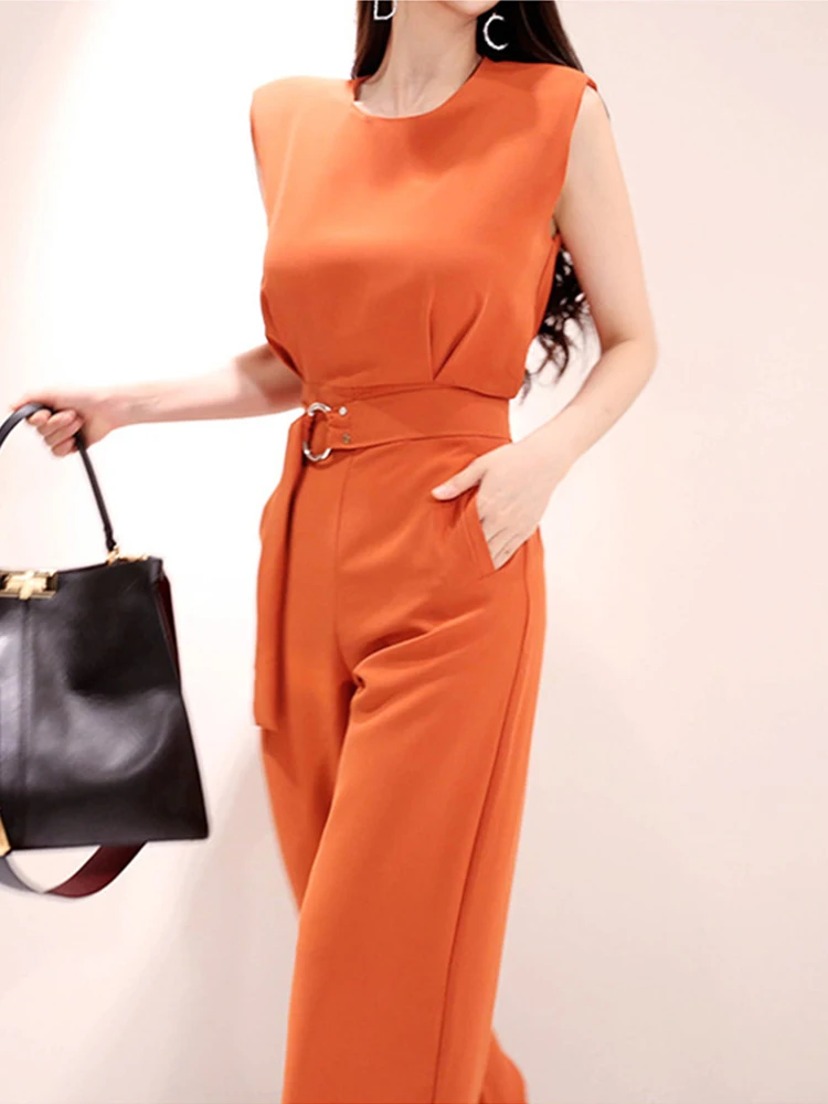 

Fashion Korean Elegant Office Women Jumpsuits Casual O-Neck Sleeveless Pocket Belt Female Mujer Wide Leg Loose Rompers Summer