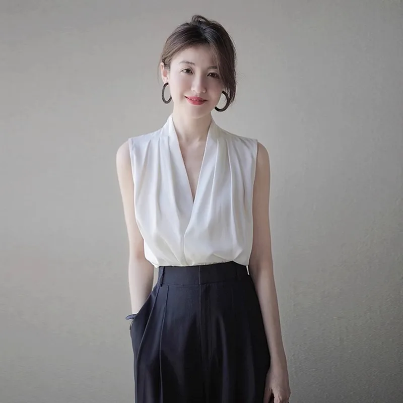 الحرير الساتان الأبيض V-Ne Strapl تانك الأعلى المرأة ربيع الخريف المحملة خلات Svel irt معلقة Ne الأعلى #1