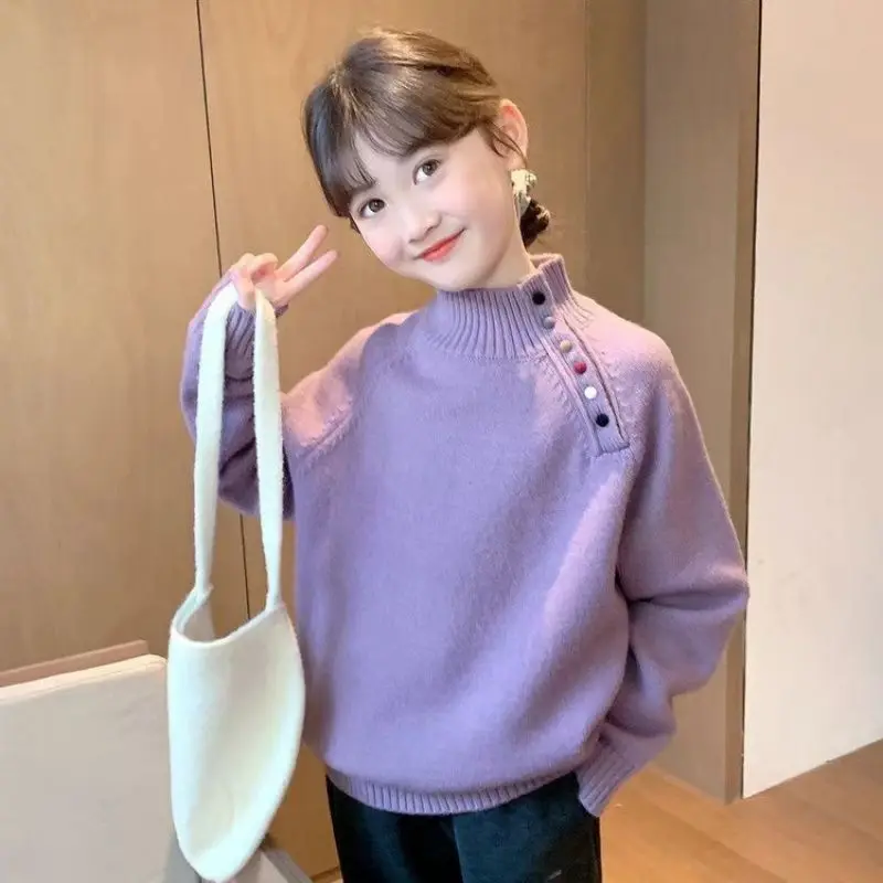 Spring Autumn Winter Teen Girls Sweaters Solid Color Jacquard Knitted Pullover For 4-14Years Girls Fashion Bottoming Shirt