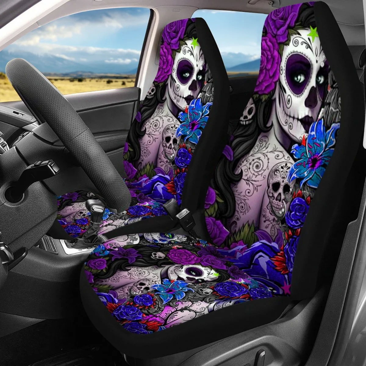 Fashion Terror Gothic Floral Skull Day of the Dead Printed Heavy-Duty Car Interior Seat Covers Fashion Front/Back Seat Protector