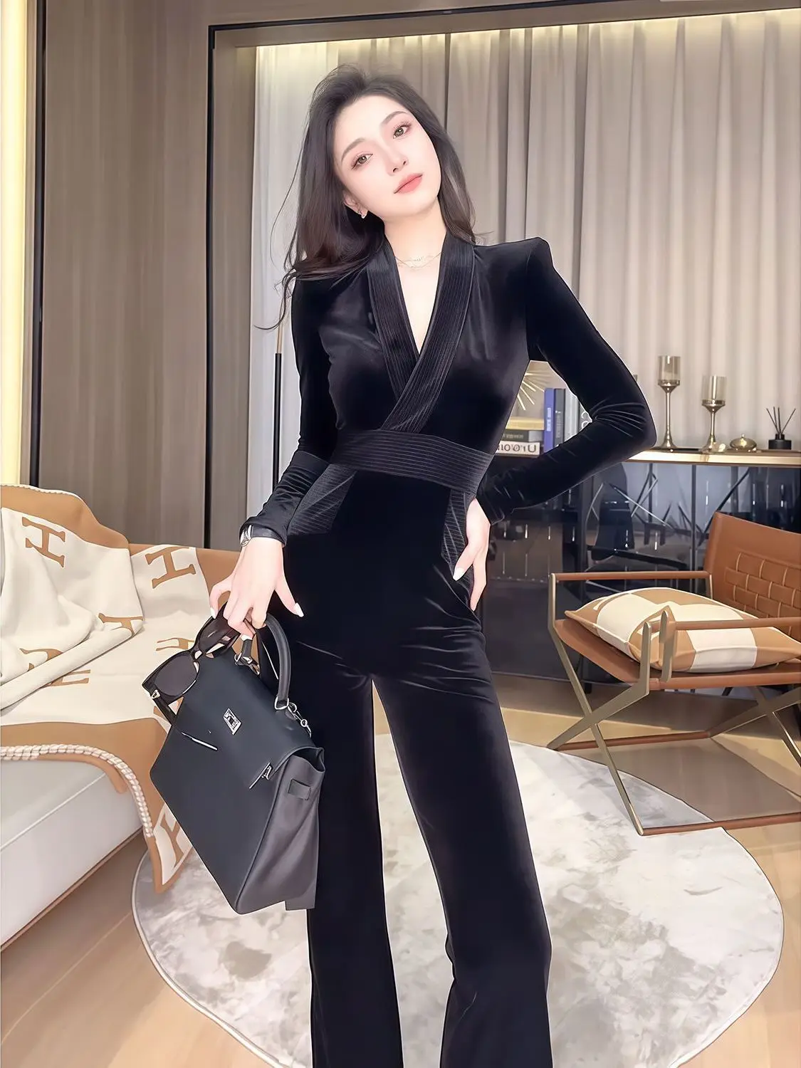 Bla velours combinaison ensemble Faionable jeune Sle automne hiver nouveauté femmes tenue décontracté taille haute coupe ajustée V Ne