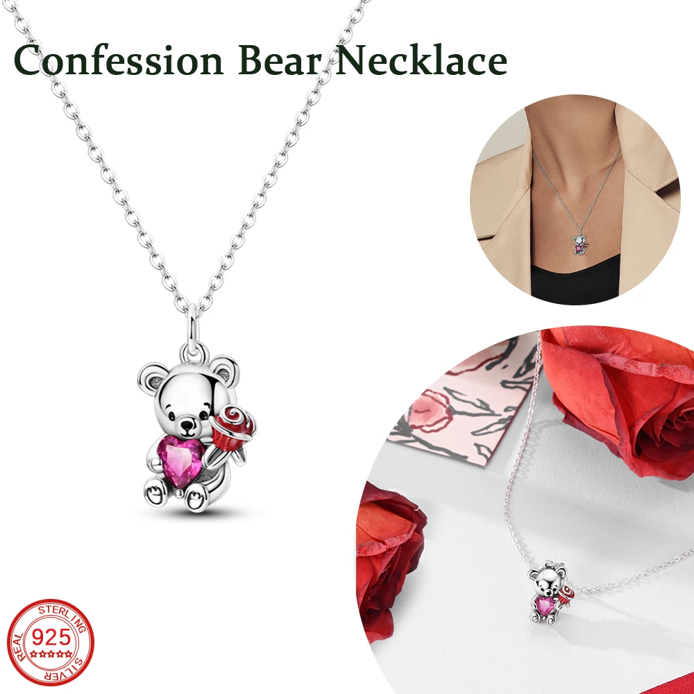 New Valentine's Day Collection 925 Sterling Silver Pink Confession Bear Necklace Women's Anniversary Engagement Jewelry