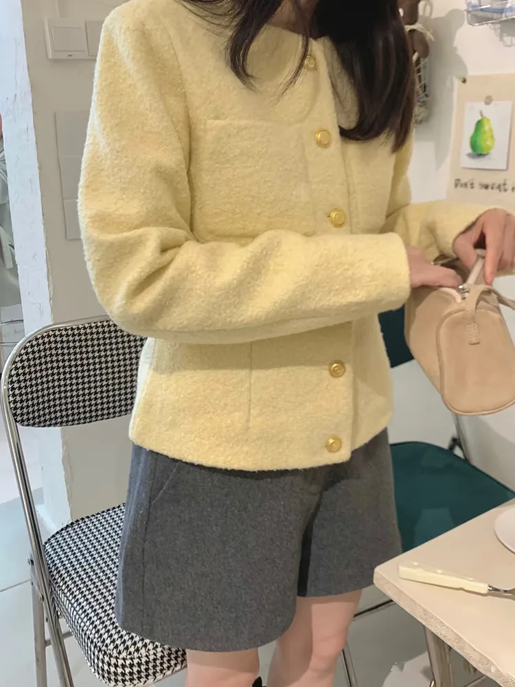 New Fall Fashion Women Yellow Short Jacket French Style O Neck Long Sleeve Elegant Slim Coat Cardigan Long Sleeve Chic Outwear