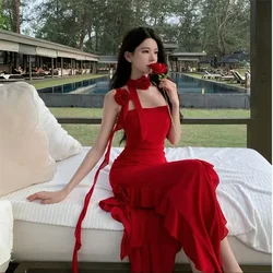 Women Fashion Slash Neck Ruffles Irregular Red Dress Spicy Girl High Split Vacation Beach Dress Summer Holiday Seaside Hot Dress