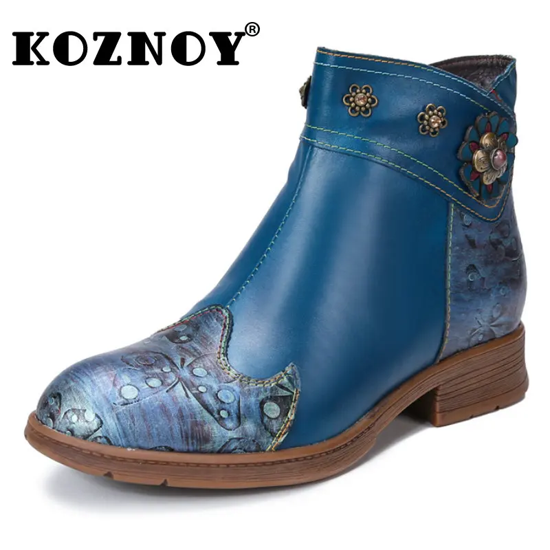 

Koznoy Women Boots 3.5cm Ankle Mid Calf Genuine Leather Autumn Spring Booties Moccasins Print Ethnic Comfy Flats Fashion Shoes