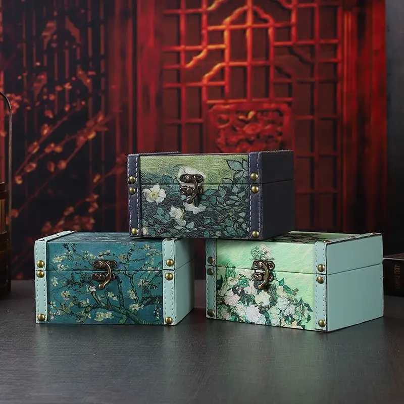 

Van Gogh Starry Night Storage Box Money Box, European Style Wooden Leather Jewelry Organizer with Lock, Vintage Treasure Box