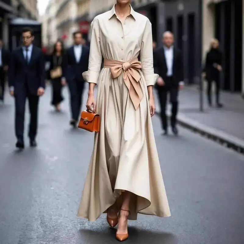 Feminino casual manga sólida longa moda lapela drapeado robe camisa elegante único breasted amarrar cintura vestido de festa