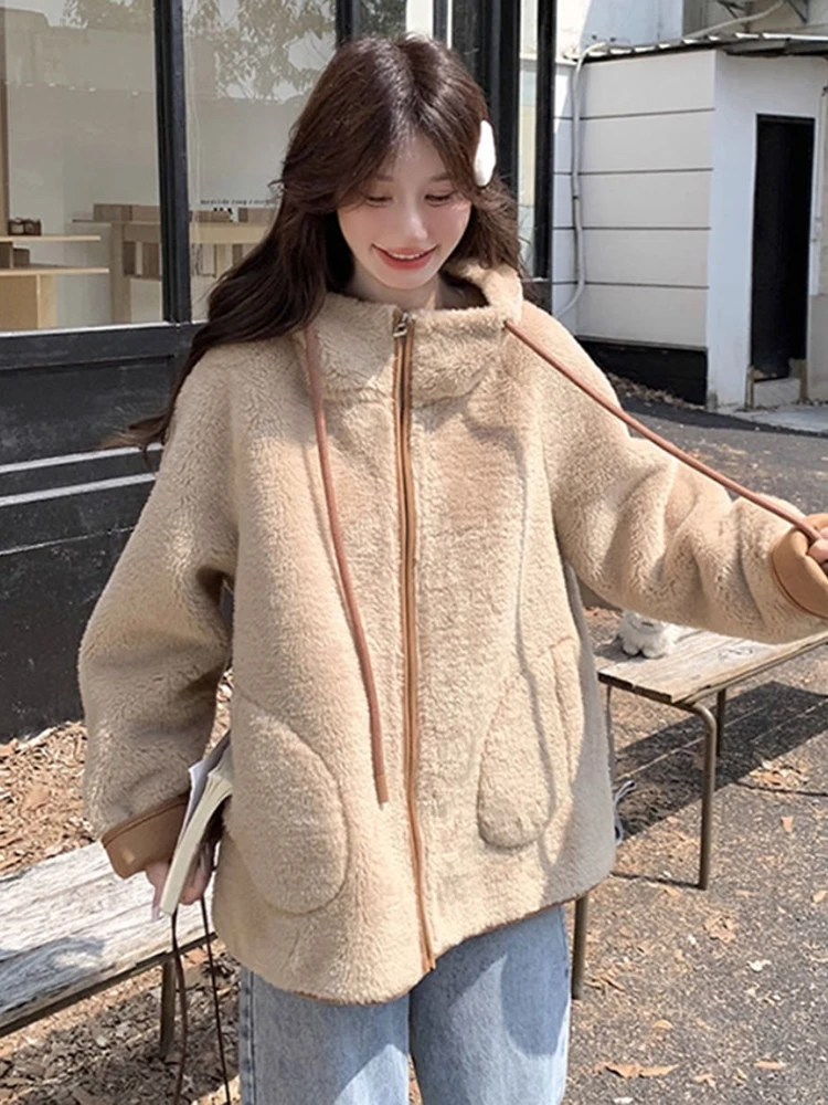 Korean Lazy Sle Hooded Lamb Fur Jaet Women's ort Warm Cotton Coat Zipper Casual Outerwear Spring Autumn Winter New Arrival