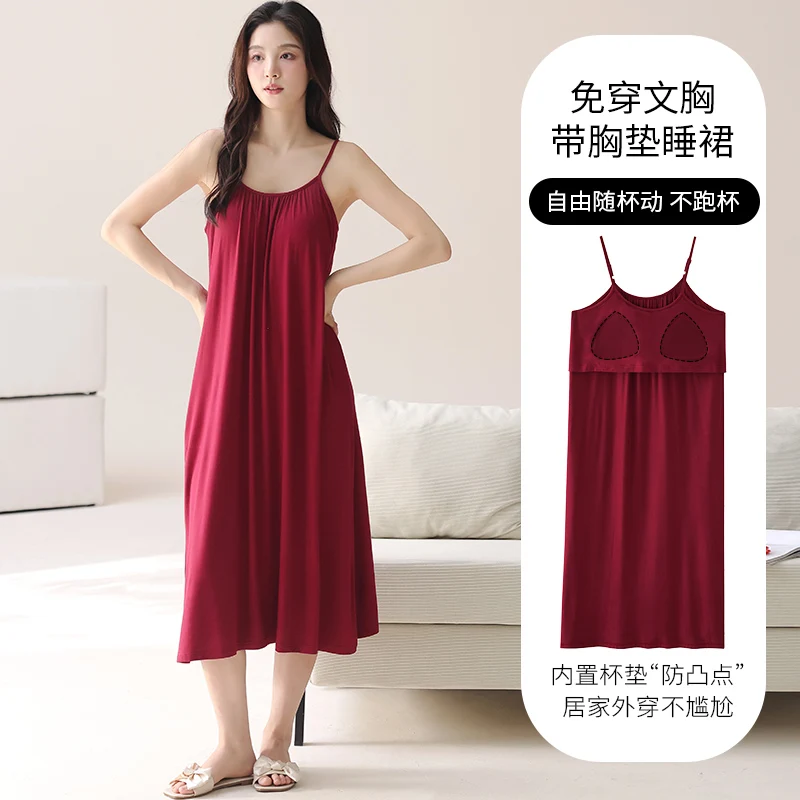Big Size M-5XL Summer Women Sling Nightdress With Chest Pad Femme Modal Nightwear Solid Sleepdress