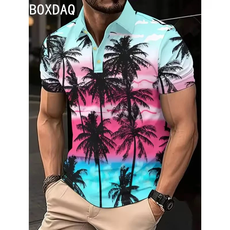 Men's Hawaiian Style Polo shirt 3D Tropical Coconut Tree Pattern Short Sleeve Tops Summer Men Beach Casual Holiday Polo shirt