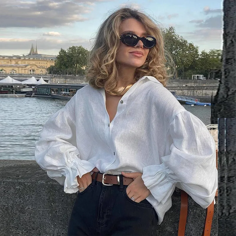 

DSMTRC French Style Solid Shirt Women's New Casual Elegant Fashionable Single Breasted Loose Streetwear Turn-down Collar Blouses