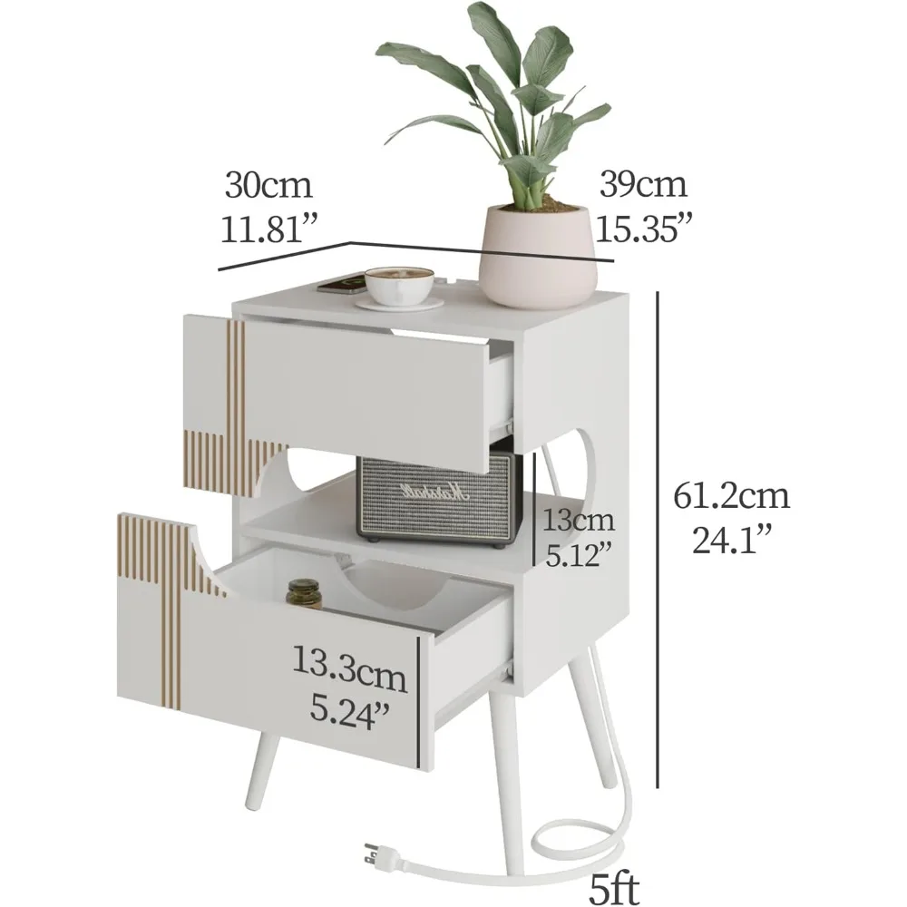 충전 스테이션이 있고 LED 조명이 있는 흰색 침대 옆 탁자, 수납 서랍 2개가 있는 현대적인 침대 옆 탁자, 단단한 나무 다리가 있는 나이트 스탠드