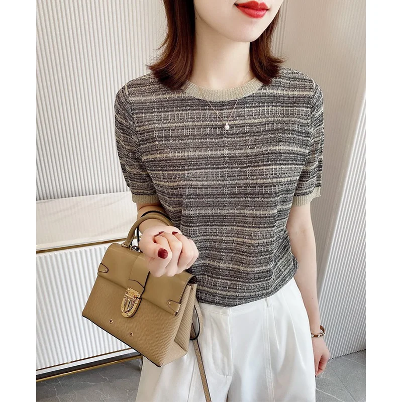 

Вязаная футболка из ледяной конопли ort Sve Base Layer Top Корейский трикотаж прямого кроя для поездок на работу Летняя женская одежда Faion