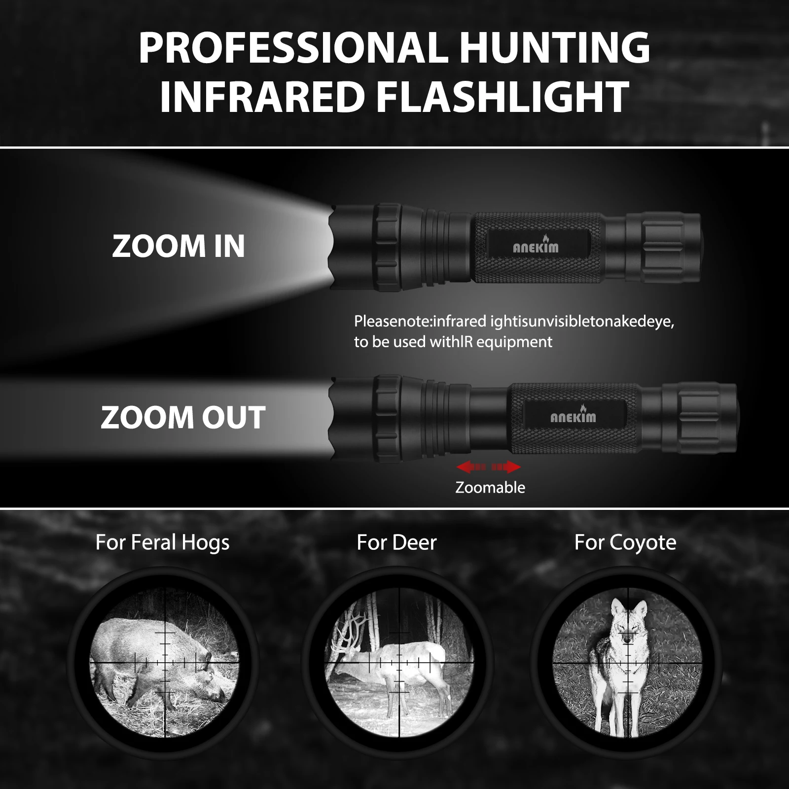 ANEKIM FL11 infrared torch 850/940, 3 modes zoomable waterproof tactical torch infrared hunting torch night vision device