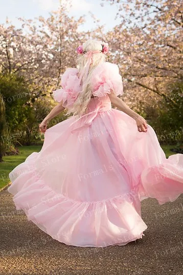 Pink Flowing Gown With Puffy Sleeves And Ruffled Hemline Graceful And Feminine Design Perfect For Formal Occasions Custom Made
