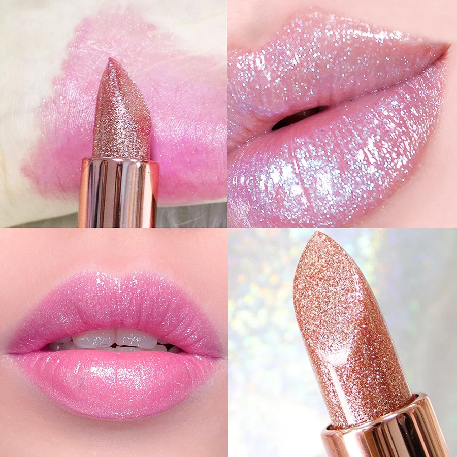 Brilho labial perolado para festas, radiante rosado, duradouro Glitter & Shimmer, textura cremosa hidratante, palco, co