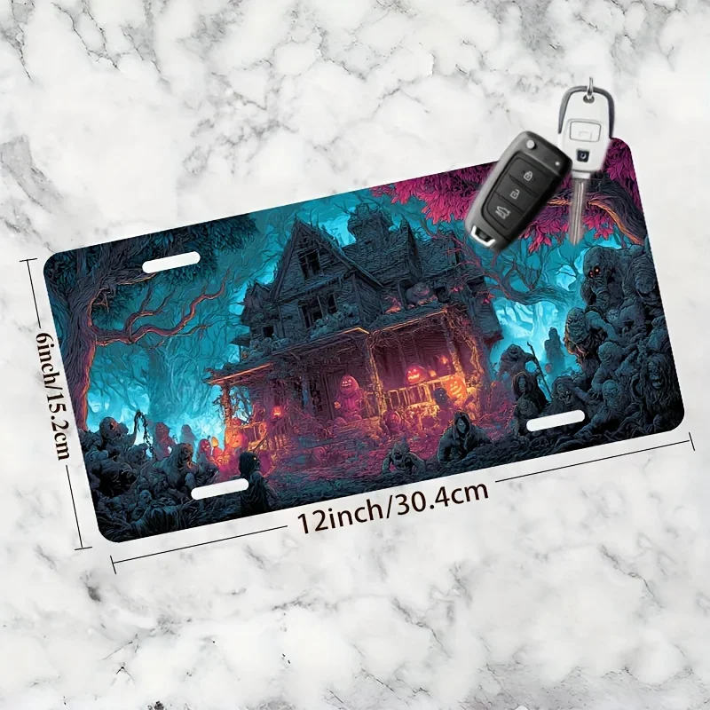 2D Flat - [Open ]2D Flat, Car P Plaque Kit And Frame, Scary Haunted House at Night, for Front Decoration, for Decorating Plaque