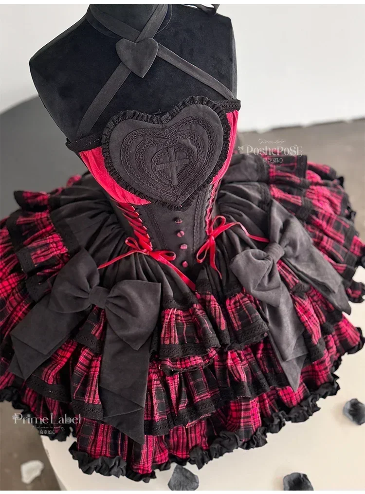 High Quality Cosplay Lolita Black Red Plaid Dress Female Sweet Cute Bow Neck Princess Dress Lady Gothic Slim Party Evening Dress