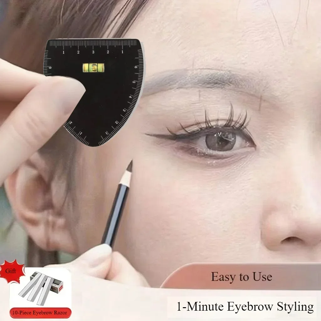 1P Stencil Ruler & Reusable Guide for Symmetrical Brows - At-Home Makeover Tool for Beginners +10PC Eyebrow Razor