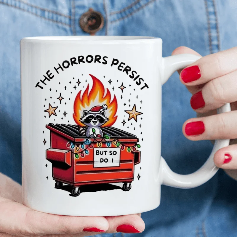 1pc Horrors Persist Dumpster Fire Raccoon Mug en céramique – Tasse à café isolée et réutilisable avec motif de dessin animé, parfaite pour la maison