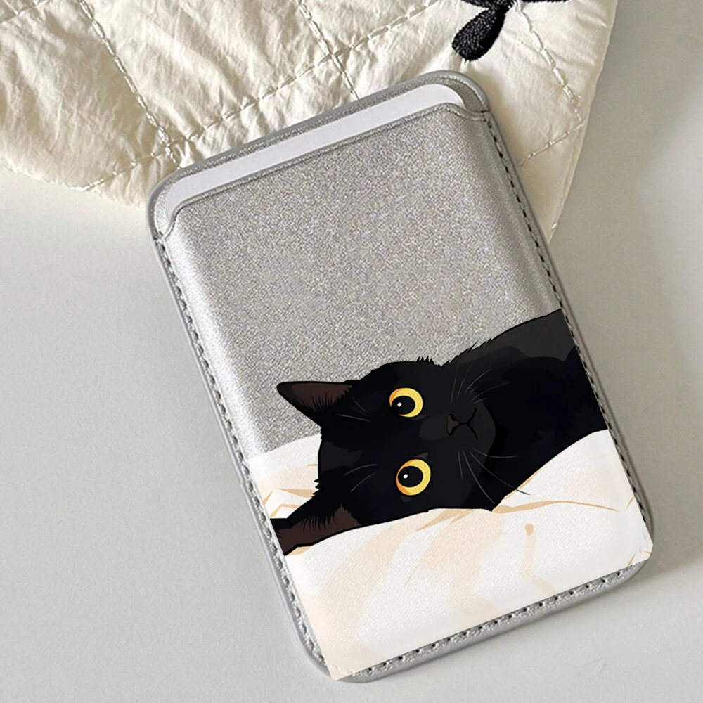 Schwarze Katzen-Leder-Kartenhülle für das Handy, geeignet für alle iPhone-Hüllen, Magsafe magnetische Kartenhalterung, einfache Handy-Rückentasche – Detail 1