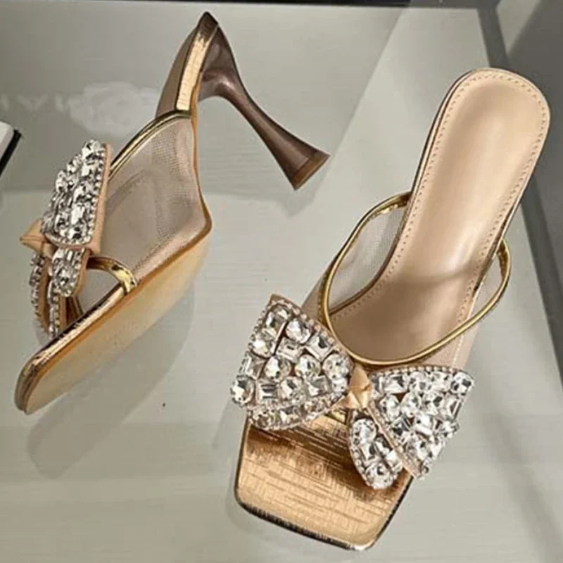 

Sexy Bow Mesh High Heel Sandals Slippers for Women Square Head Crystal Fine High Heel Slippers Summer Fashion Party Prom Shoes