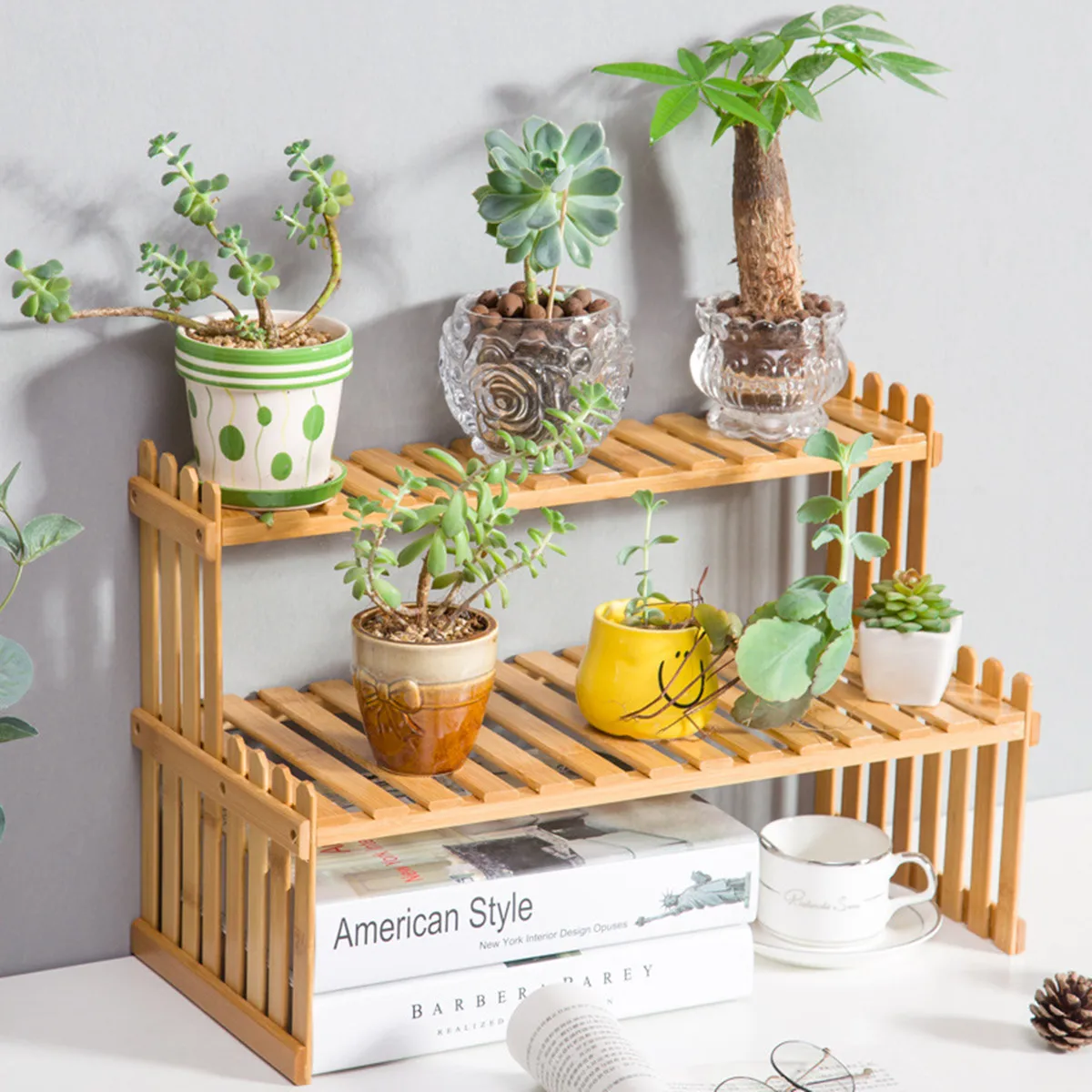 Natural Bamboo Indoor Plant Stand for Desk, 2 Tier Desktop Shelf
