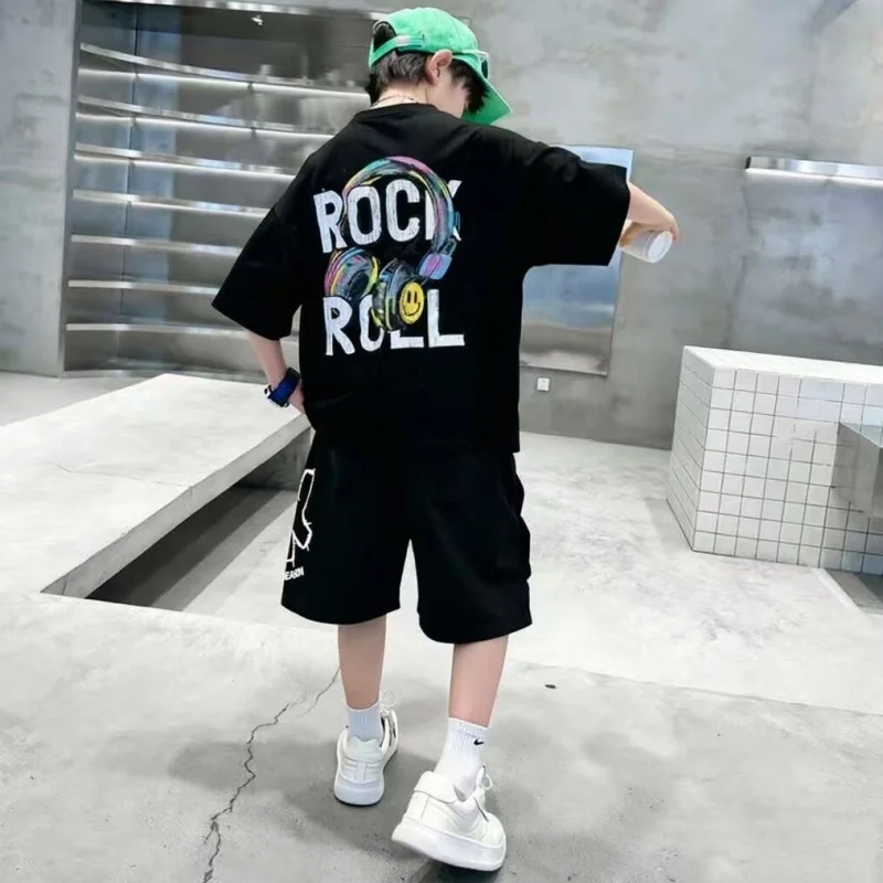 Black White Cotton Boys Clothes Sets Summer Rock Roll Hip Hop Letter T-Shirt + Shorts 2PCS Outfits Sport Kids Clothing Teen 4-14
