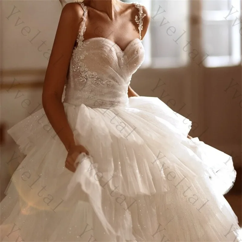 Customized Temperament Princess Long Shiny Wedding Dresses Full Sleeves Tiered  Sweetheart Ball Gown Fascinating Bridal Gown