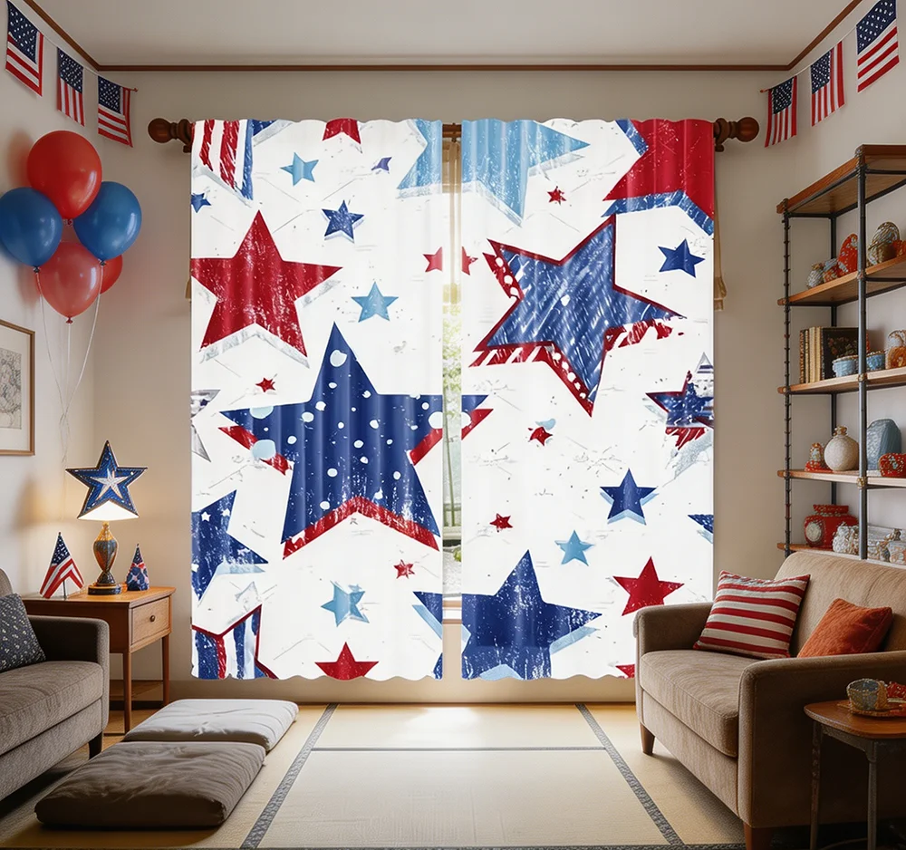 2PCS Digital Printed Curtains, Independent Stars Pattern, Artistic Pattern Window Drapes for Living Room Bedroom Decor
