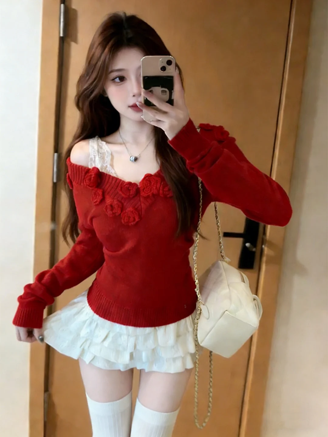 

Свитер Sweet Sle Long Sve, вязаный, на одно плечо, с 3D-цветочным дизайном, красный, приталенный, женский топ для повседневной носки, V-образный вырез...