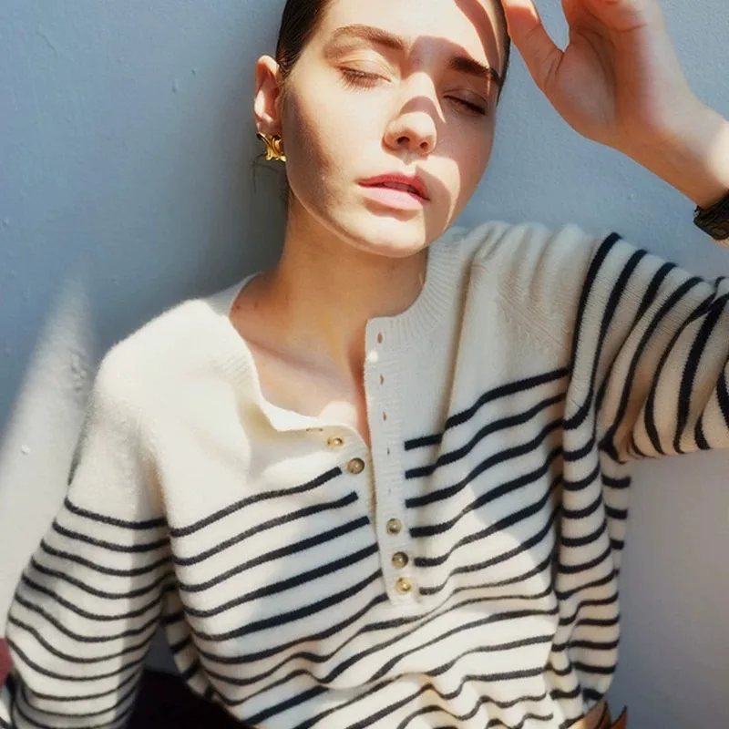 

French crew-neck sweater Women's half-open neck breasted striped long sleeve pullover cashmere sweater loose knit top