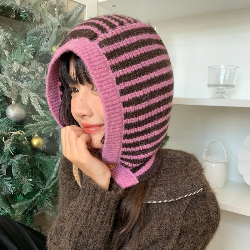 

Нишевый зимний теплый полосатый интегрированный пуловер с защитой шеи, защита ушей, вязаная шапка-балаклава для женщин, уличные шапки-бомберы